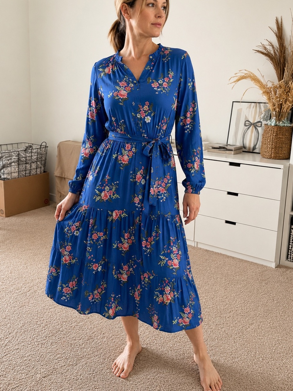 LOFT Petite Blue Floral Midi Dress Petite Small Fits M Boho Tiered Tie Belt